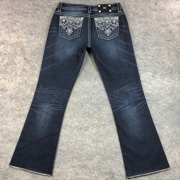 Miss Me Jeans 29 Bootcut Embellished Pockets Mid Rise Dark Wash Jewels Hemmed - Picture 4 of 16
